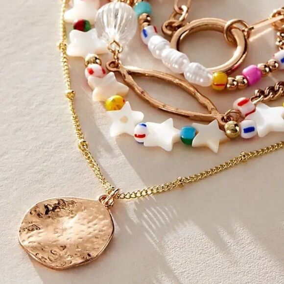 FREE PEOPLE Starry Celestial Multi Layer Gold Necklace In Multicolor NWT - Picture 2 of 6